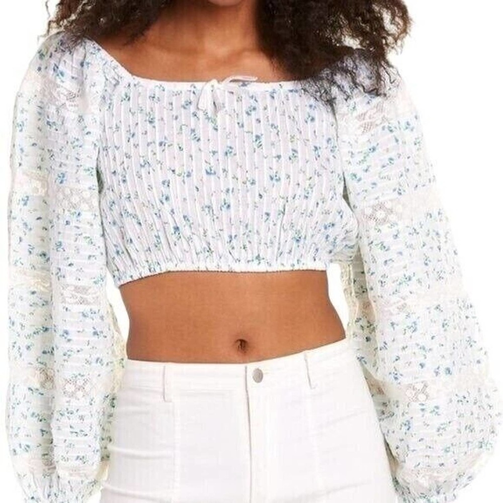 NEW LOVESHACKFANCY Bonnet Blue Albertina Balloon Sleeve Crop Top Sz Medium 0035